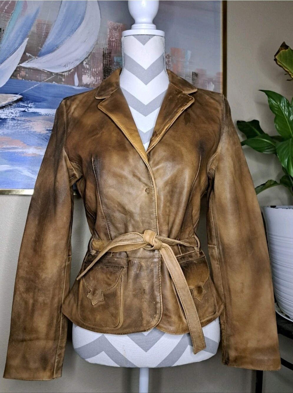 Vintage Wilsons Leather Distressed Tan Brown Belted Leather Jacket